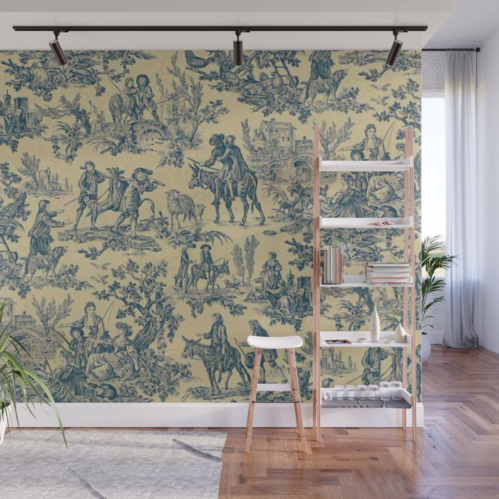 Sepia Blue Toile de Jouy Wall Mural Gallery Image 1