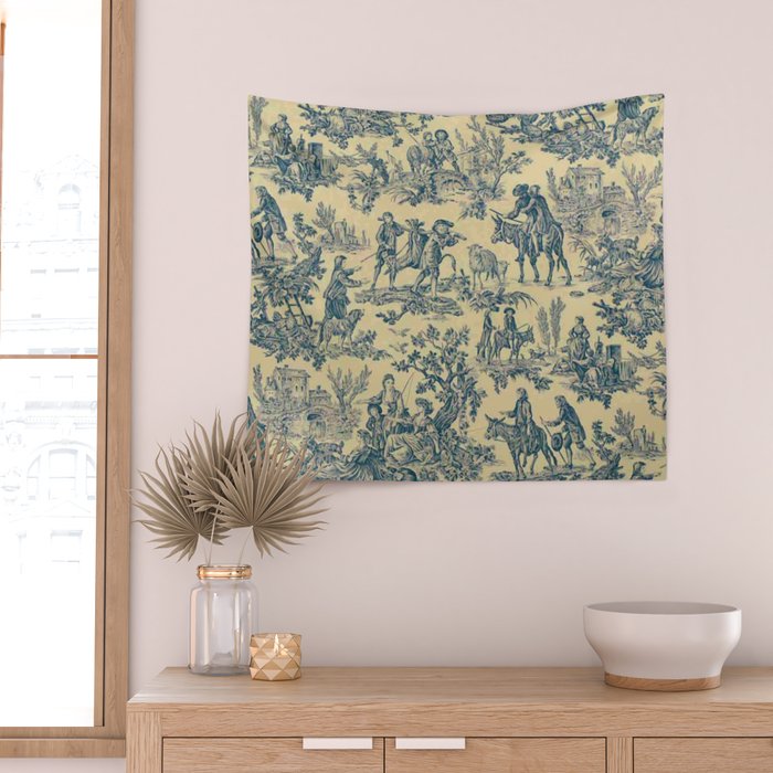 Sepia Blue Toile de Jouy Wall Tapestry Gallery Image 2