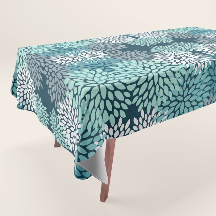 Modern Flowers Print, Teal and White Tablecloth Gallery Image 1
