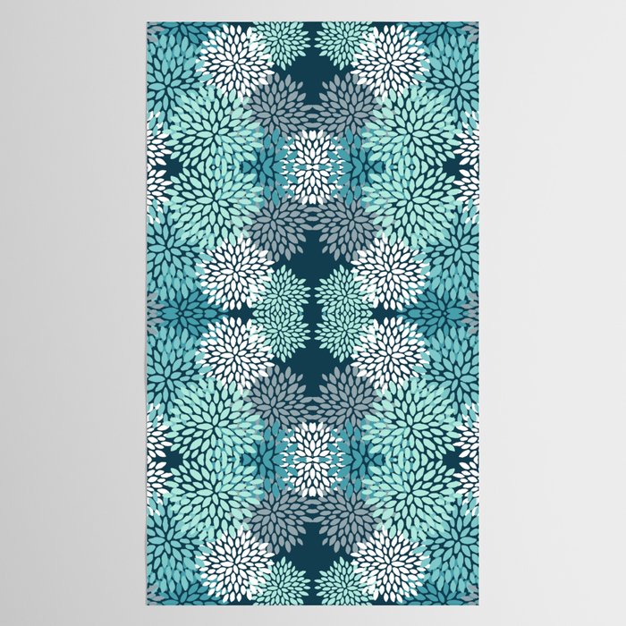 Modern Flowers Print, Teal and White Tablecloth Gallery Image 2