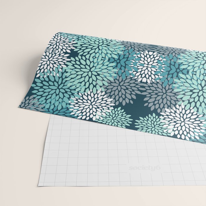Modern Flowers Print, Teal and White Wrapping Paper Gallery Image 2