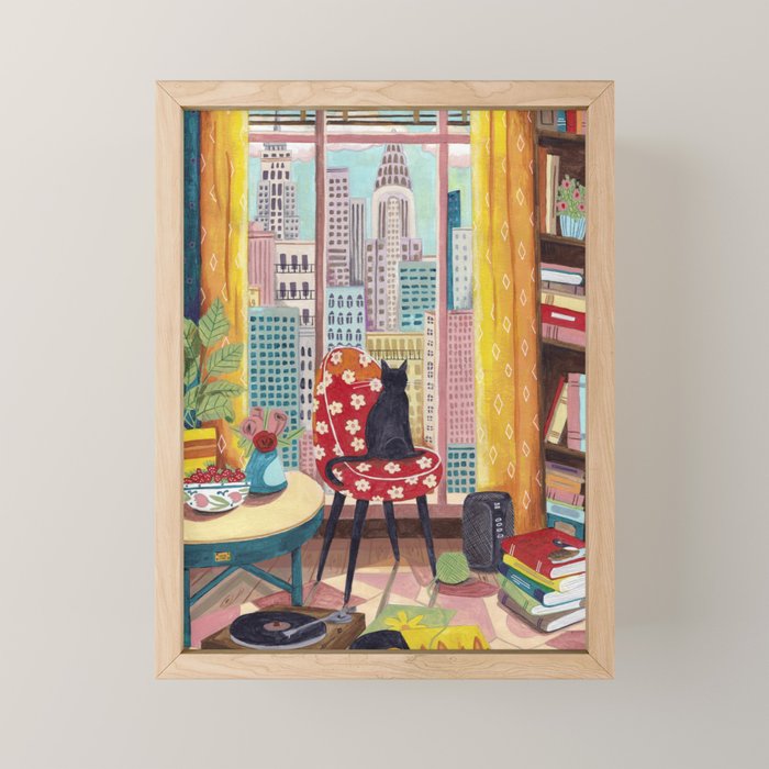 Cat in Window New York city Mini Art Print Gallery Image 1