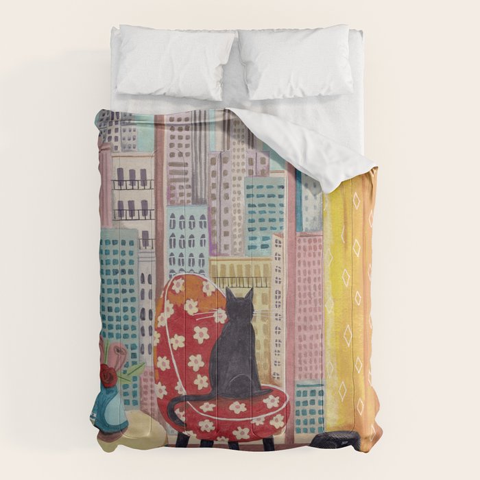 Cat in Window New York city Comforter Gallery Image 1