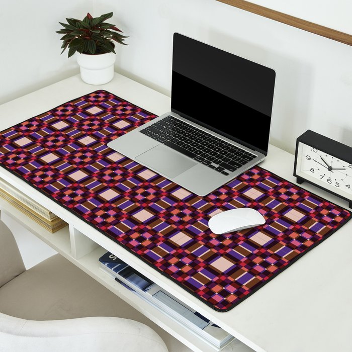 Optical Checkered Grid Pattern  Retro Illusion Design in Red Pink and Black Desk Mat Gallery Image 2