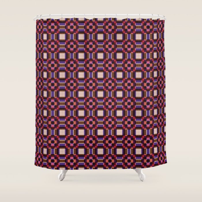Optical Checkered Grid Pattern  Retro Illusion Design in Red Pink and Black Shower Curtain Gallery Image 1