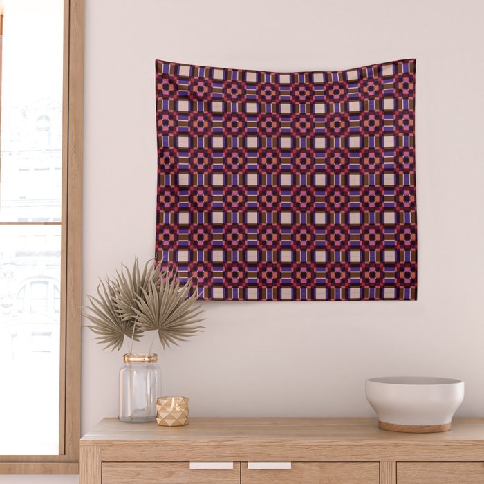 Optical Checkered Grid Pattern  Retro Illusion Design in Red Pink and Black Wall Tapestry Gallery Image 2