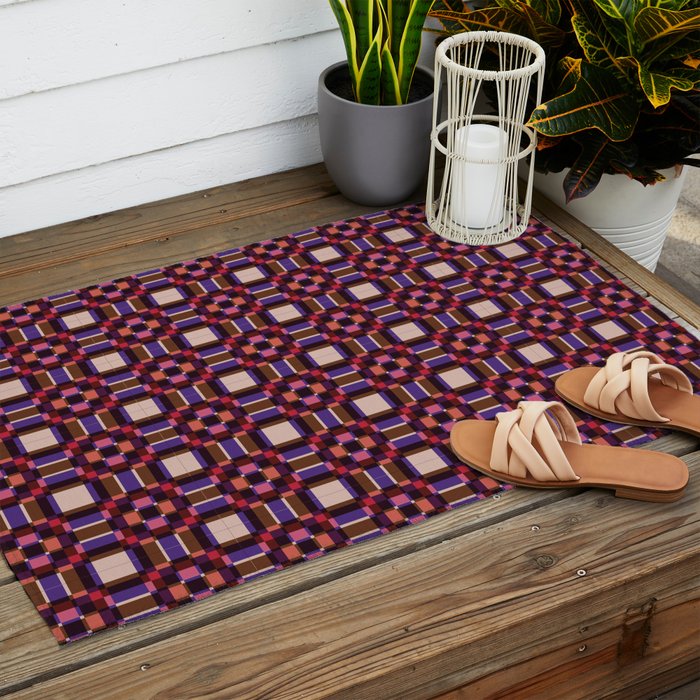 Optical Checkered Grid Pattern  Retro Illusion Design in Red Pink and Black Outdoor Rug Gallery Image 2