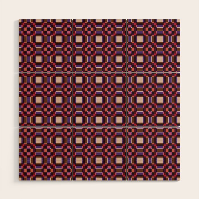 Optical Checkered Grid Pattern  Retro Illusion Design in Red Pink and Black Wood Wall Art Gallery Image 1