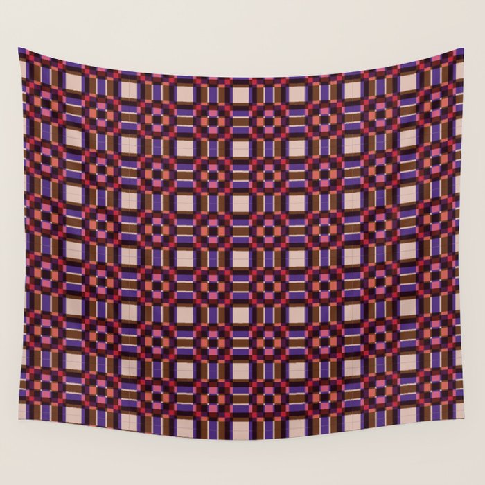 Optical Checkered Grid Pattern  Retro Illusion Design in Red Pink and Black Wall Tapestry Gallery Image 1