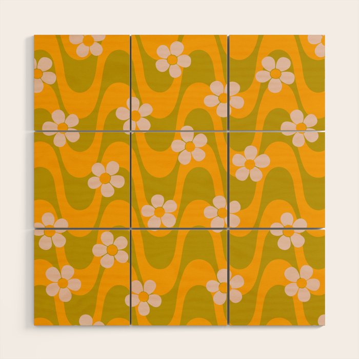 Groovy Yellow Green Flower Power Wood Wall Art Gallery Image 1
