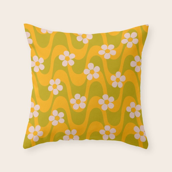 Groovy Yellow Green Flower Power Throw Pillow Gallery Image 1