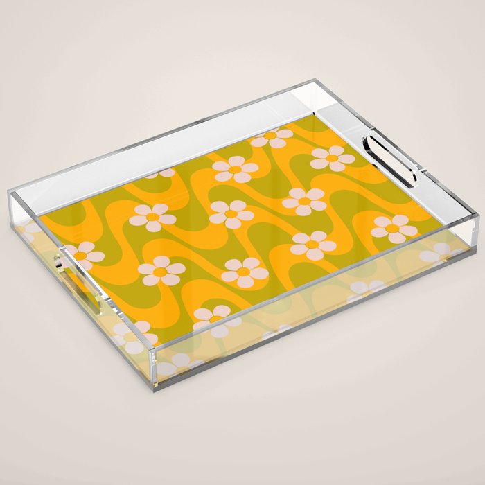 Groovy Yellow Green Flower Power Acrylic Tray Gallery Image 1