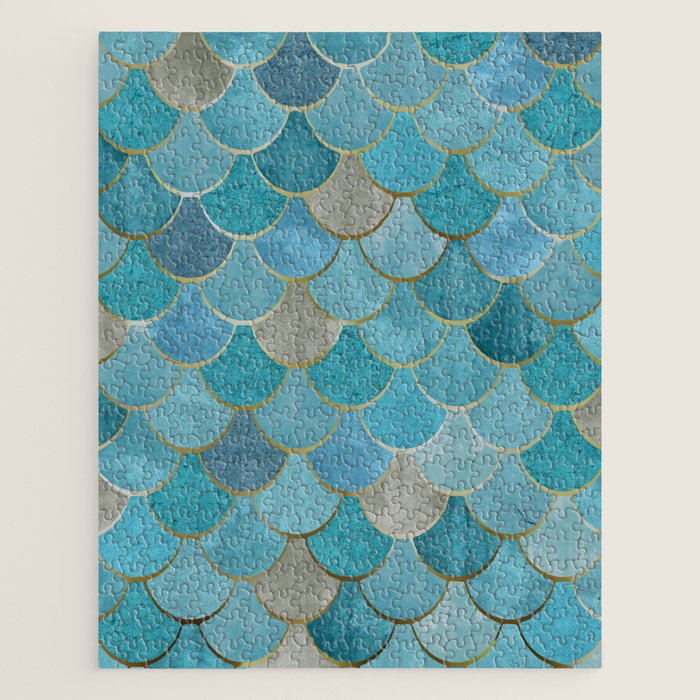 Moroccan Fish Scale Mermaid Pattern, Teal Blue and Gold Jigsaw Puzzle Gallery Image 1