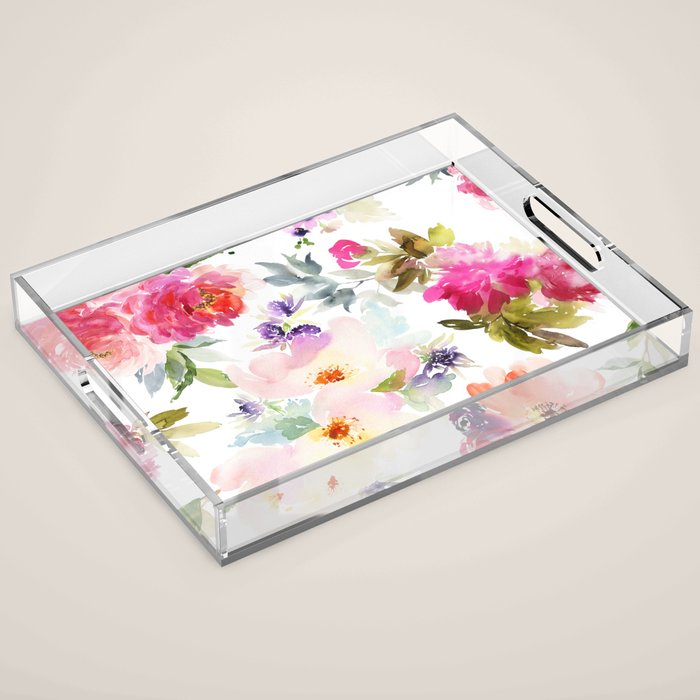 Beautiful Light Watercolor Painting Flower Pattern Floral Kingdom Acrylic Tray Gallery Image 1