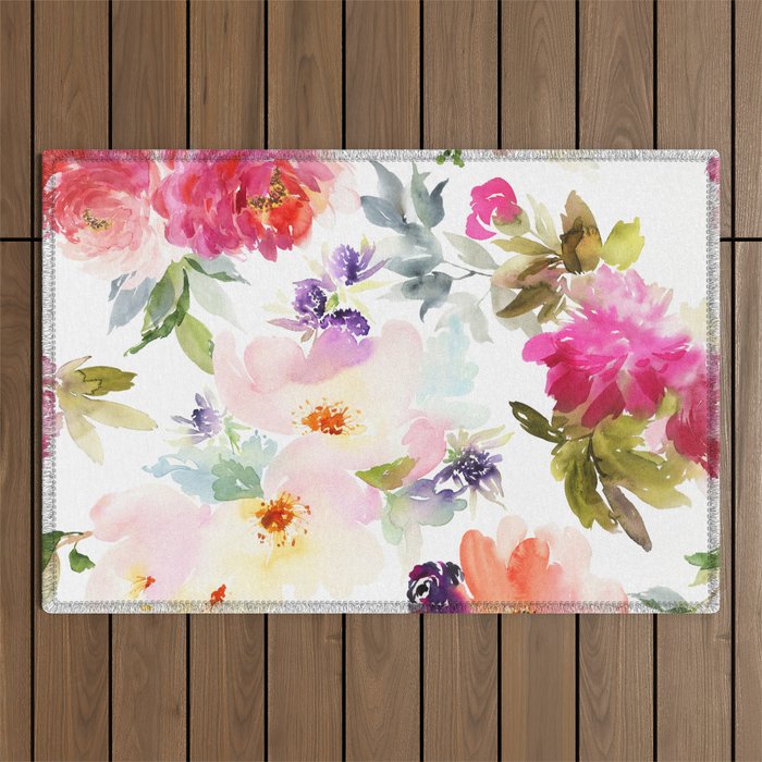 Beautiful Light Watercolor Painting Flower Pattern Floral Kingdom Outdoor Rug Gallery Image 1