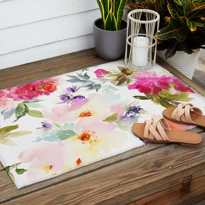 Beautiful Light Watercolor Painting Flower Pattern Floral Kingdom Outdoor Rug Gallery Image 2