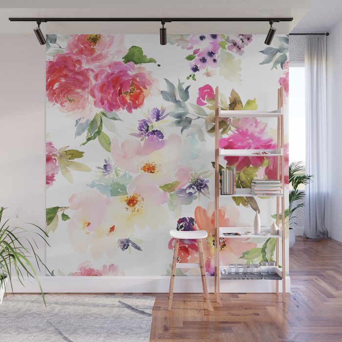 Beautiful Light Watercolor Painting Flower Pattern Floral Kingdom Wall Mural Gallery Image 1