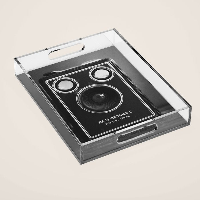Vintage Brownie Kodak camera still life - retro film analog photography - black and white print Acrylic Tray Gallery Image 1