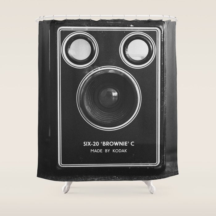 Vintage Brownie Kodak camera still life - retro film analog photography - black and white print Shower Curtain Gallery Image 1