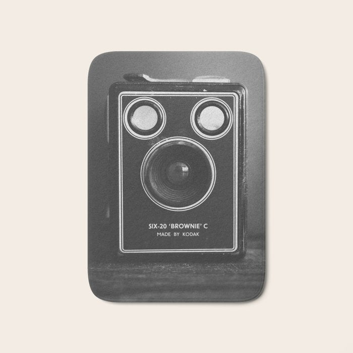 Vintage Brownie Kodak camera still life - retro film analog photography - black and white print Bath Mat Gallery Image 1
