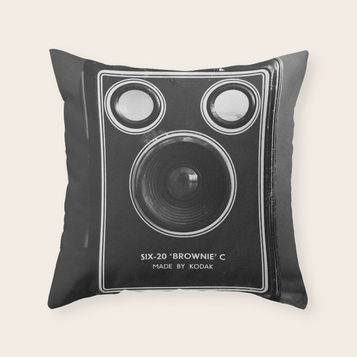 Vintage Brownie Kodak camera still life - retro film analog photography - black and white print Throw Pillow Gallery Image 1