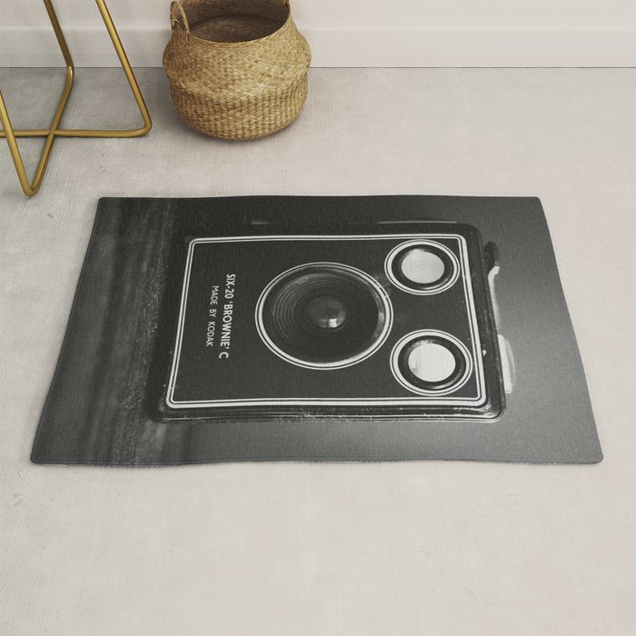 Vintage Brownie Kodak camera still life - retro film analog photography - black and white print Rug Gallery Image 1