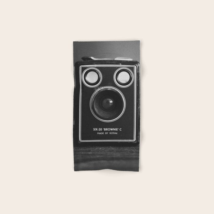 Vintage Brownie Kodak camera still life - retro film analog photography - black and white print Bath Towel Gallery Image 1