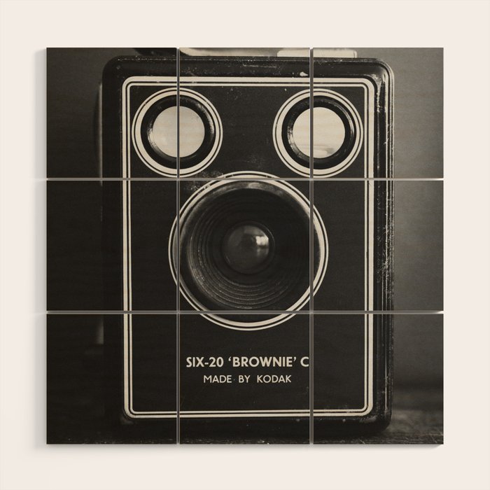 Vintage Brownie Kodak camera still life - retro film analog photography - black and white print Wood Wall Art Gallery Image 1