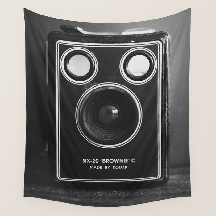 Vintage Brownie Kodak camera still life - retro film analog photography - black and white print Wall Tapestry Gallery Image 4