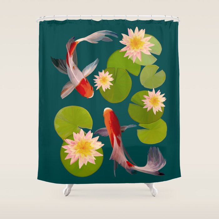 Graceful Koi Among Water Lilies  Shower Curtain Gallery Image 1