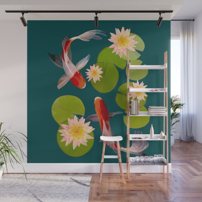 Graceful Koi Among Water Lilies  Wall Mural Gallery Image 1