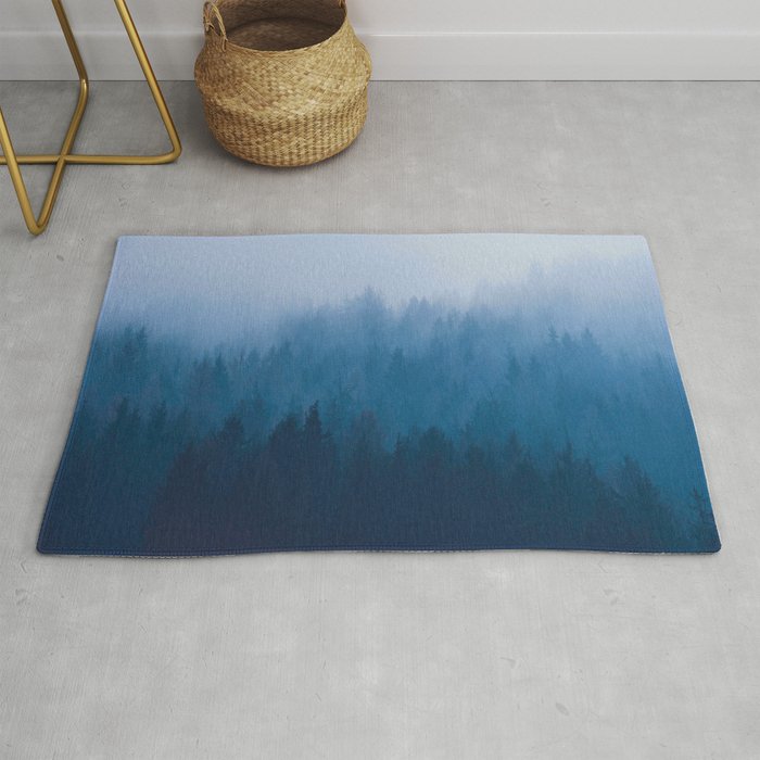 Watercolor Effect Colorful Blue Ombre Misty Pine Forest Rug Gallery Image 1