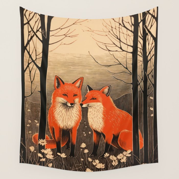 Autumn Forest Fox Pair Wall Tapestry Gallery Image 1