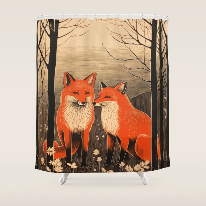 Autumn Forest Fox Pair Shower Curtain Gallery Image 1