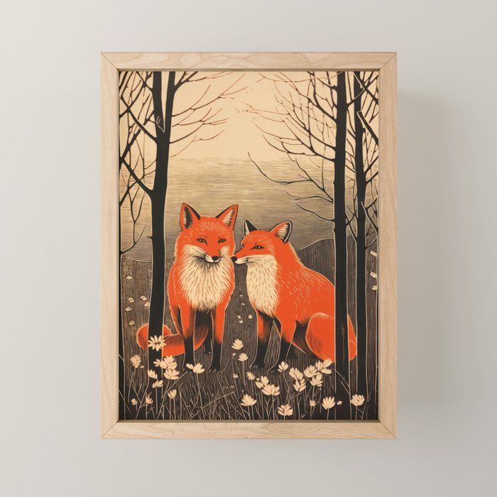 Autumn Forest Fox Pair Mini Art Print Gallery Image 1