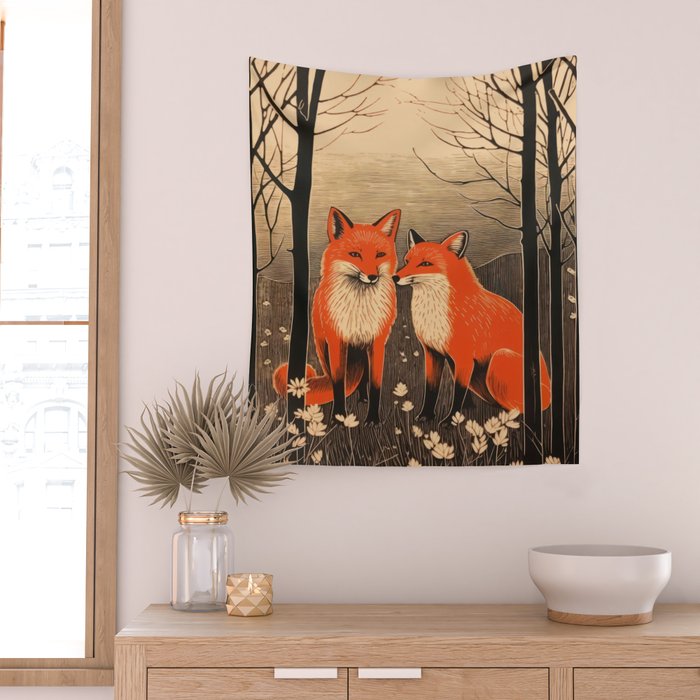 Autumn Forest Fox Pair Wall Tapestry Gallery Image 2