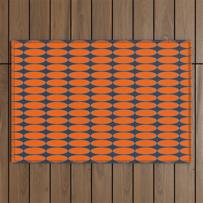 Mid Century Modern Geometric Ovalia Pattern in Orange and Navy Blue Outdoor Rug Gallery Image 1