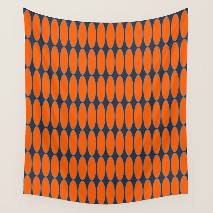 Mid Century Modern Geometric Ovalia Pattern in Orange and Navy Blue Wall Tapestry Gallery Image 1