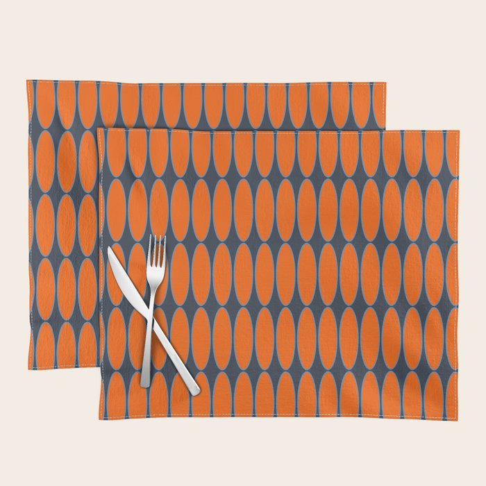Mid Century Modern Geometric Ovalia Pattern in Orange and Navy Blue Placemat Gallery Image 1