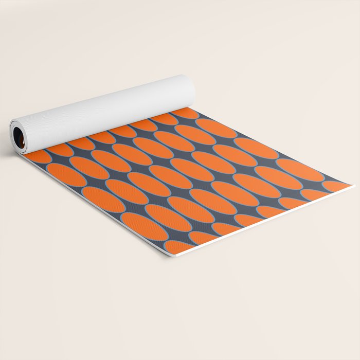 Mid Century Modern Geometric Ovalia Pattern in Orange and Navy Blue Yoga Mat Gallery Image 2