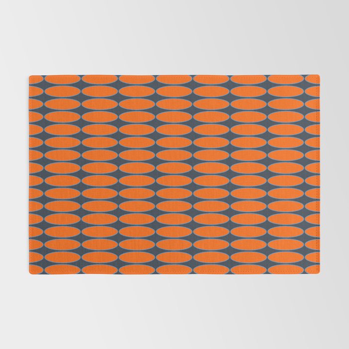 Mid Century Modern Geometric Ovalia Pattern in Orange and Navy Blue Rug Gallery Image 2