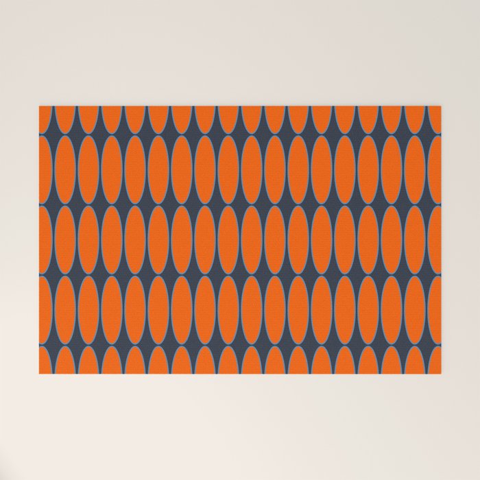 Mid Century Modern Geometric Ovalia Pattern in Orange and Navy Blue Welcome Mat Gallery Image 1