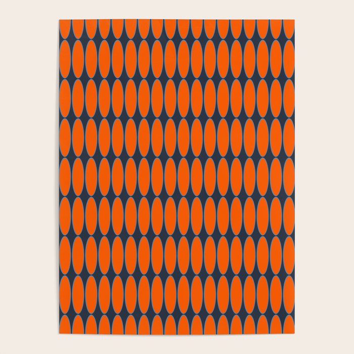 Mid Century Modern Geometric Ovalia Pattern in Orange and Navy Blue Poster Gallery Image 1