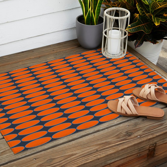 Mid Century Modern Geometric Ovalia Pattern in Orange and Navy Blue Outdoor Rug Gallery Image 2