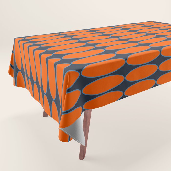 Mid Century Modern Geometric Ovalia Pattern in Orange and Navy Blue Tablecloth Gallery Image 1