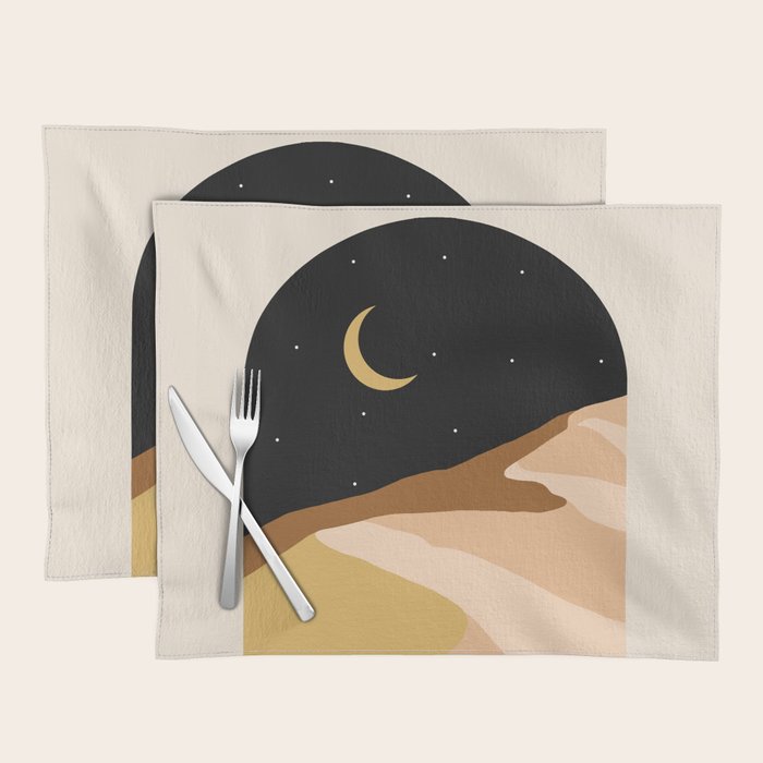 Desert Nights, Modern Bohemian Travel Sand Dunes, Eclectic Moon Stars Vintage Arc, Pastel Building Nature Landscape  Placemat Gallery Image 1