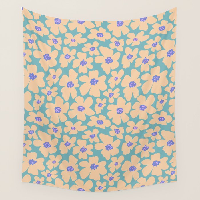 Retro Daisy - Turquoise, Very Peri, Pink, cream Wall Tapestry Gallery Image 4
