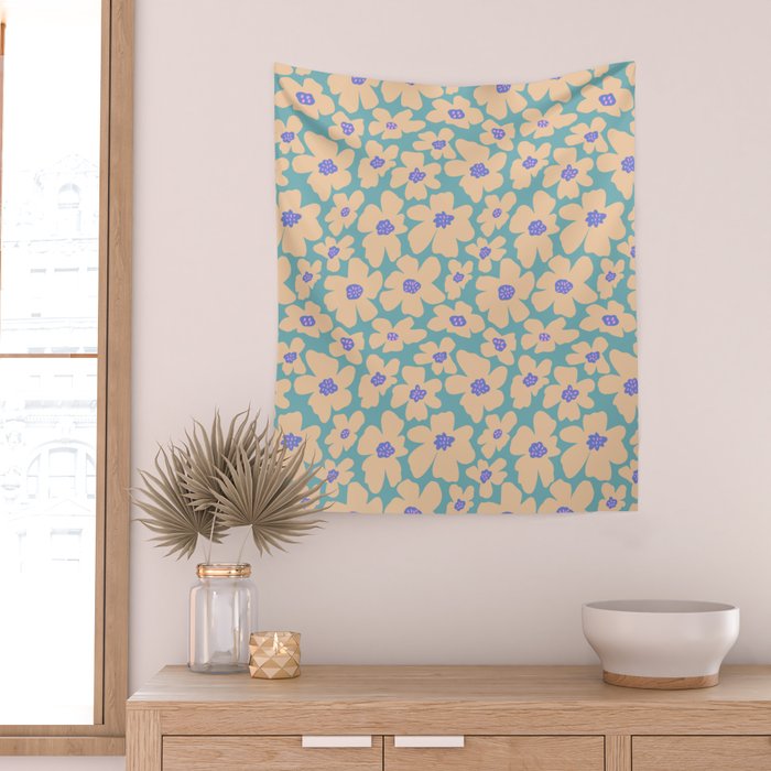 Retro Daisy - Turquoise, Very Peri, Pink, cream Wall Tapestry Gallery Image 2