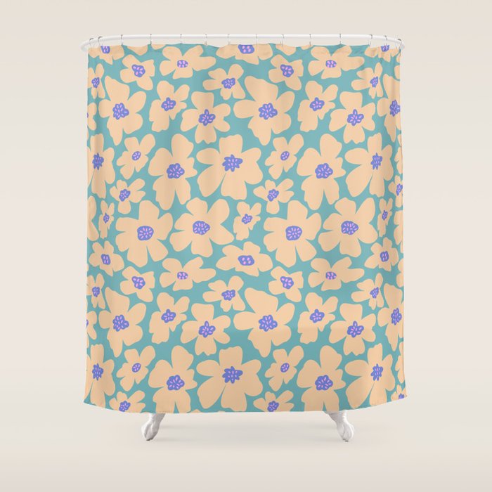 Retro Daisy - Turquoise, Very Peri, Pink, cream Shower Curtain Gallery Image 1