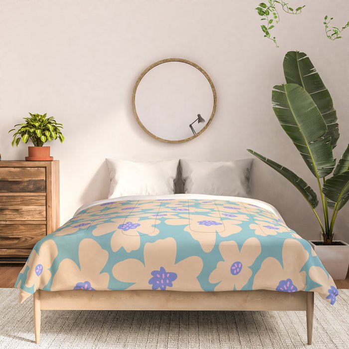 Retro Daisy - Turquoise, Very Peri, Pink, cream Comforter Gallery Image 3